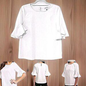 Calvin Klein White Flutter Sleeve Blouse Size XS Cotton Crew Neck Ruffle Top